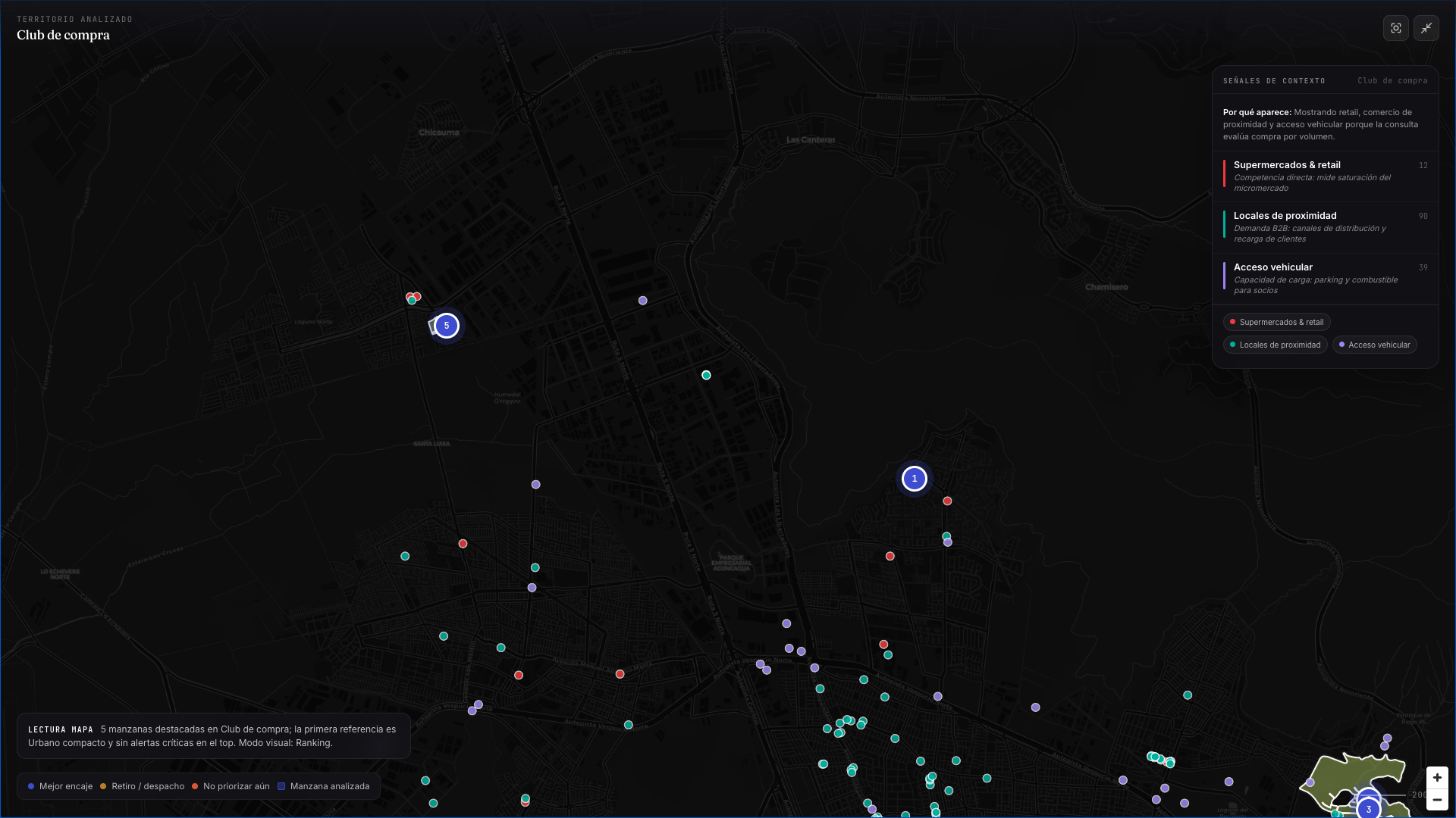 Mapa Valkoru de club de compra con señales de retail, proximidad y acceso vehicular