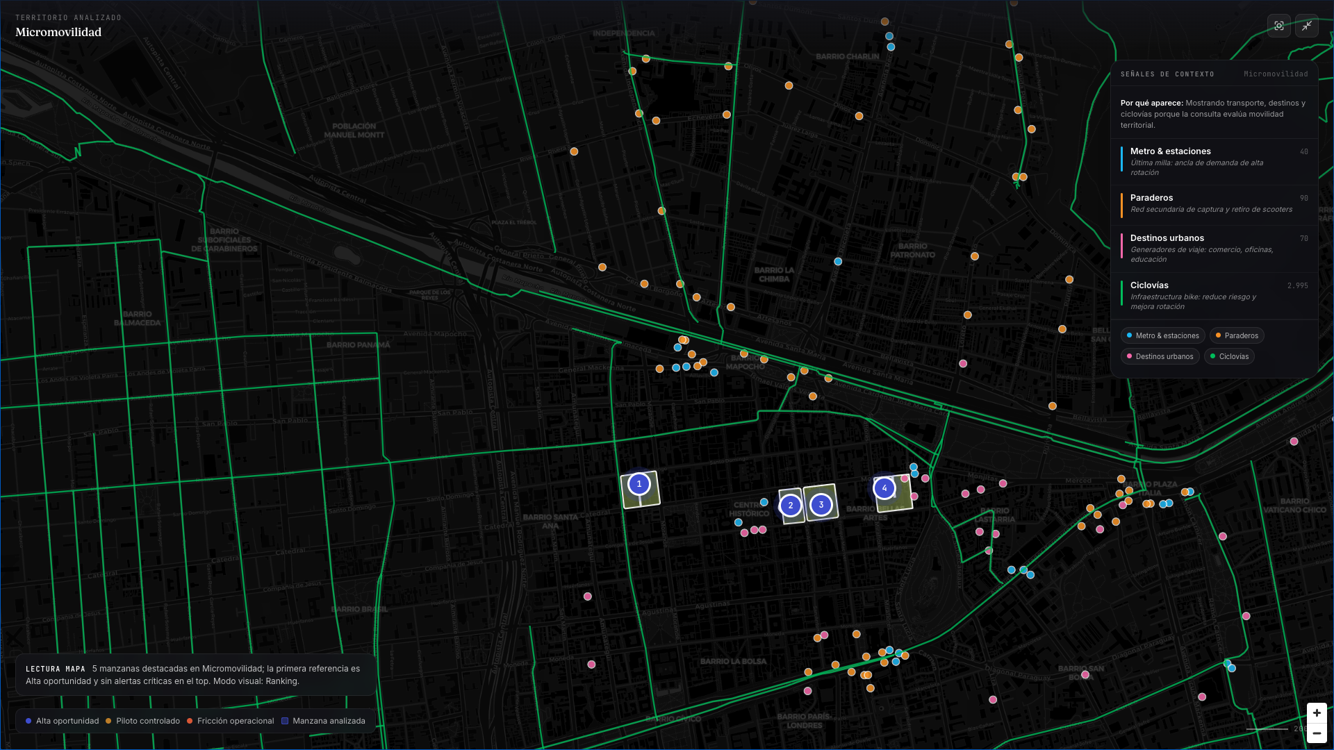 Mapa Valkoru de hotspots de micromovilidad con metro, paraderos, destinos urbanos y ciclovías