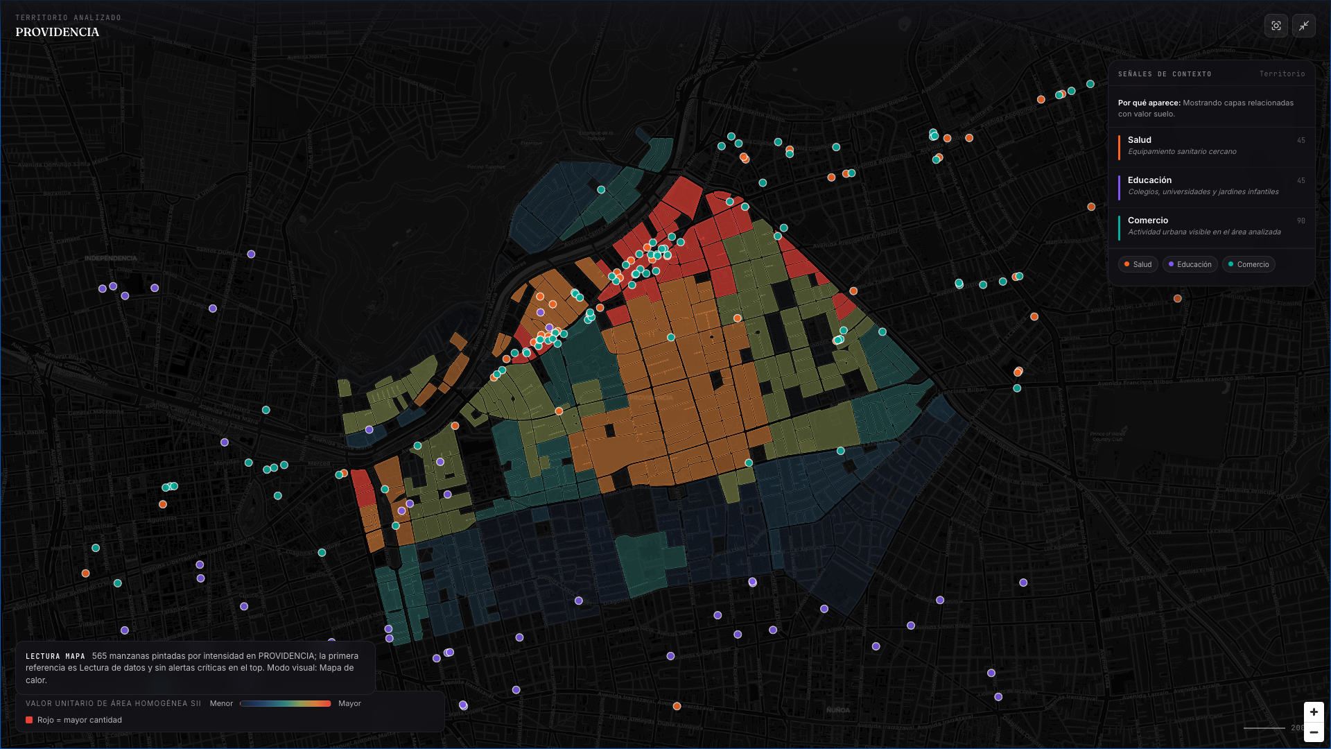 Mapa Valkoru de suelo subutilizado y valor de suelo en Providencia