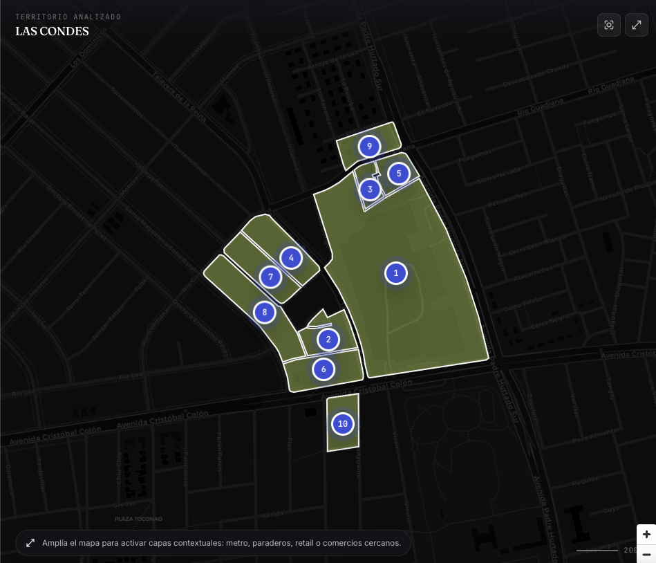Mapa territorial oscuro con manzanas reales marcadas en Las Condes