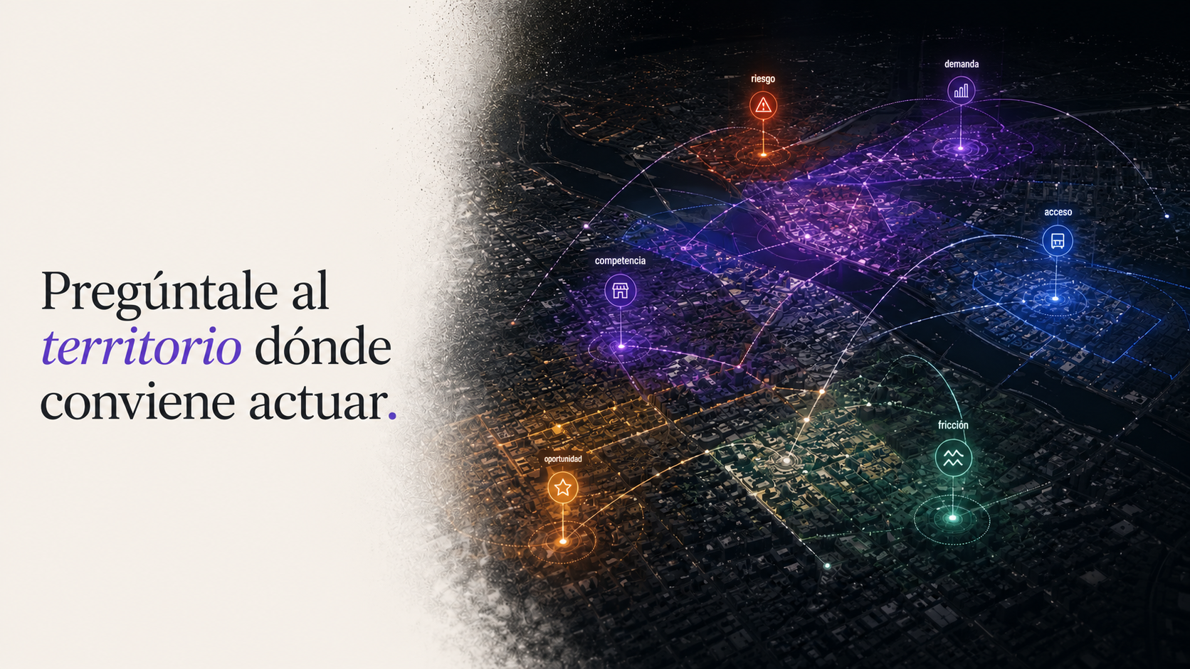 Ciudad territorial con capas de demanda, riesgo, acceso, competencia, oportunidad y fricción